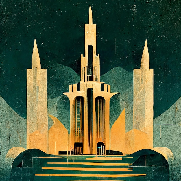 Illustrazione generata da Ai della futuristica città Ar Deco, immagine vintage, poster retrò