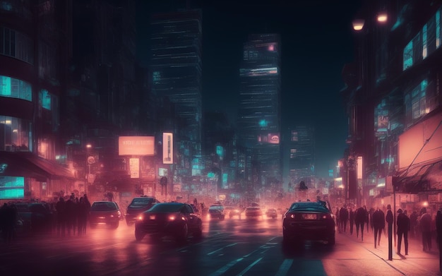 Illustrazione generata da AI di una bellissima città notturna luminosa in un ambiente buio