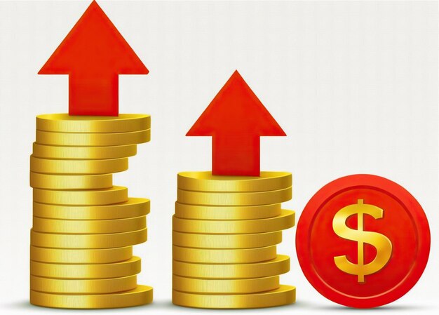 Illustrazione generata da Ai Freccia rossa e pile di monete su sfondo bianco Crescita del successo finanziario