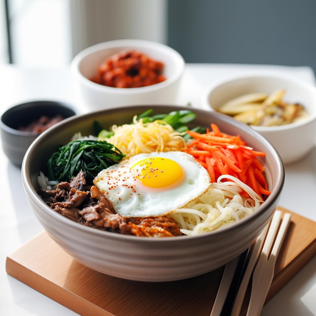 Illustrazione generata da ai Gustoso Bibimbap Insalata piccante coreana con riso e uovo fritto
