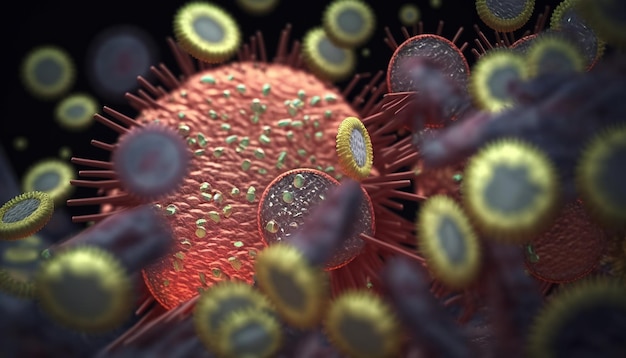 Illustrazione generata da Ai Macro close-up di cellule di batteri e virus in un laboratorio scientifico