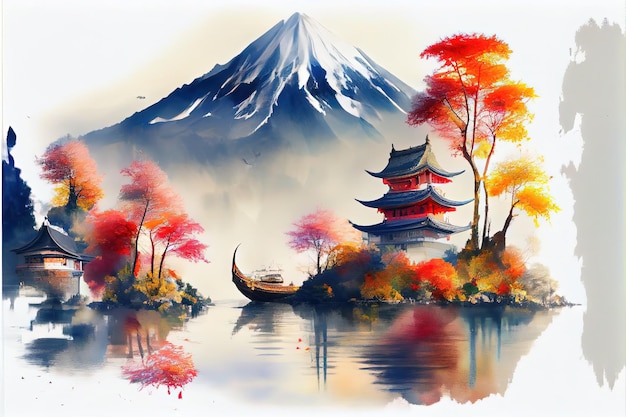 Illustrazione generata dall'AI del Monte Fuji circondato da alberi e templi colorati