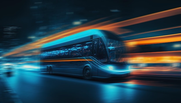 Illustrazione generata dall'ai di autobus taxi futuristici blu sulla strada che guidano nella città futuristica