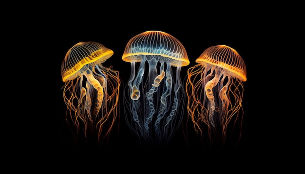 Illustrazione generata dall'AI di tre meduse che nuotano in un tranquillo sottomarino
