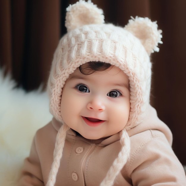 Illustrazione generata dall'AI di un bambino adorabile che indossa un cappello da orso color crema con occhi grandi