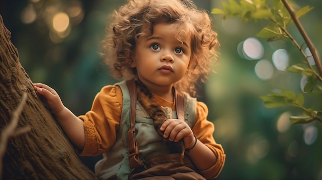 Illustrazione generata dall'AI di un bambino in cima a un albero alto, che guarda in lontananza