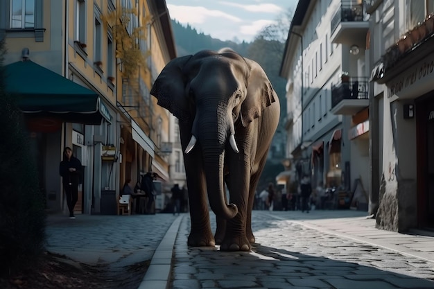 Illustrazione generata dall'AI di un maestoso elefante africano che cammina lungo una vivace strada della città