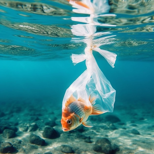 Illustrazione generata dall'AI di un pesce rosso che nuota sott'acqua catturato in un sacchetto di plastica