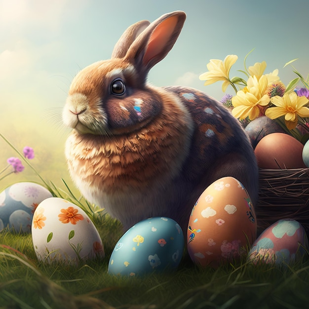 Illustrazione generata dall'intelligenza artificiale del coniglietto con uova di Pasqua colorate