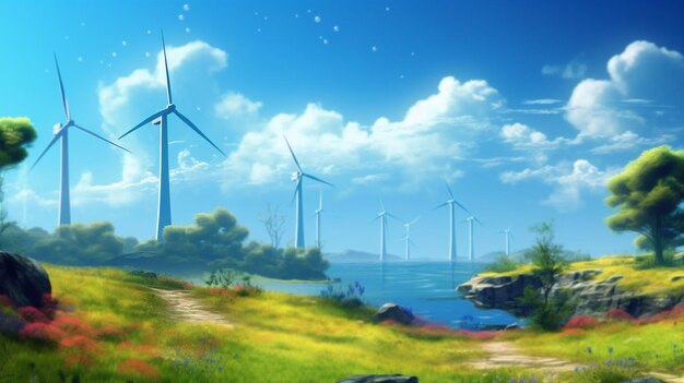 Illustrazione generata dall'intelligenza artificiale di turbine eoliche in un paesaggio rurale, con dolci colline e campi