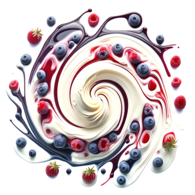 Illustrazione generata dall'intelligenza artificiale di un delizioso dessert allo yogurt con turbinii di yogurt cremoso con frutti di bosco