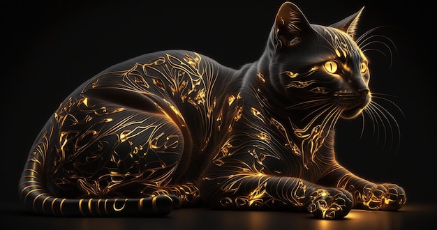 Illustrazione generata dall'intelligenza artificiale di un gatto fantasy nero dorato