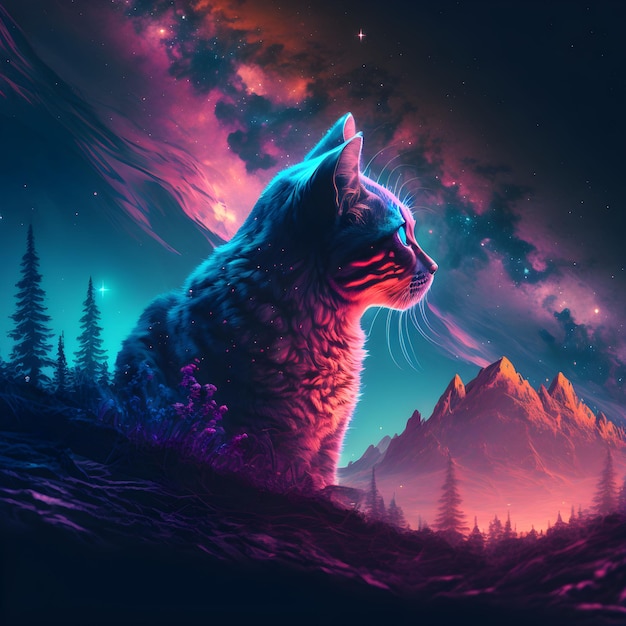 Illustrazione generata dall'intelligenza artificiale di un gatto illuminato da luci vibranti, arroccato su uno sperone roccioso