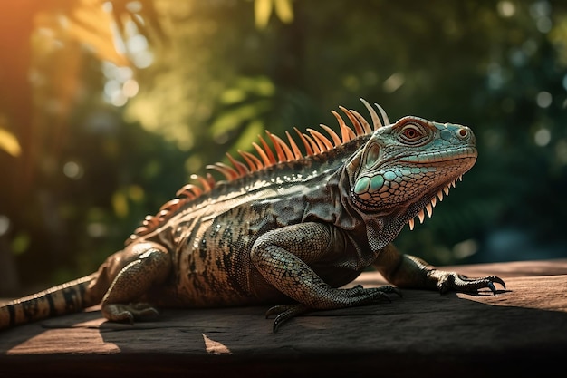 Illustrazione generata dall'intelligenza artificiale di un'iguana verde seduta su una superficie di legno circondata da fogliame lussureggiante