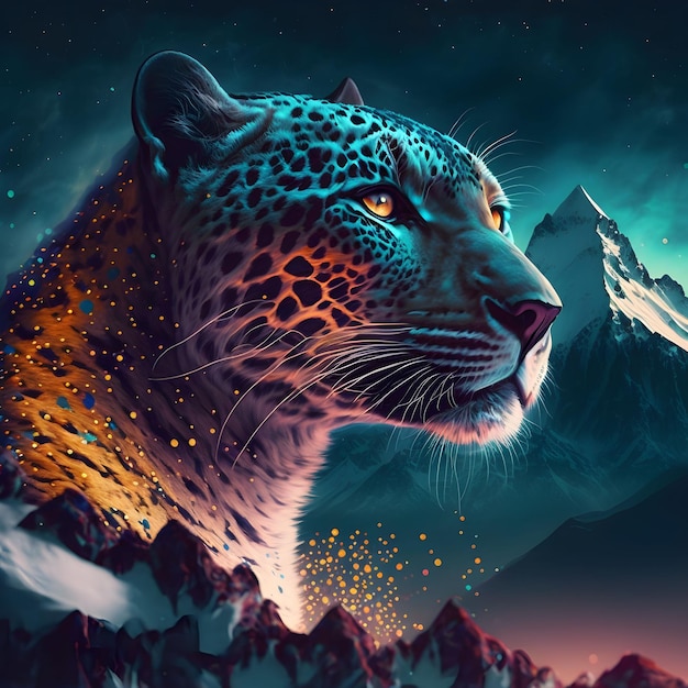 Illustrazione generata dall'intelligenza artificiale di un maestoso leopardo illuminato da una luce vibrante e colorata