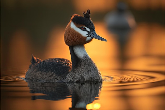 Illustrazione generata dall'intelligenza artificiale di un uccello che galleggia in uno stagno tranquillo al tramonto