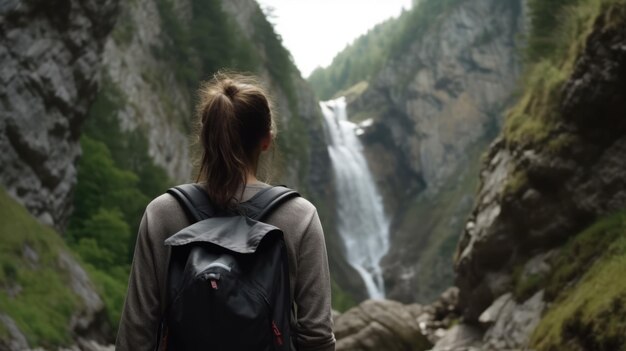 Illustrazione generata dall'intelligenza artificiale di una donna in piedi di fronte a una cascata.