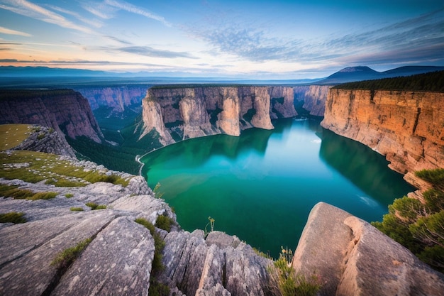 Illustrazione generata dall'intelligenza artificiale di una veduta aerea del lago canyon