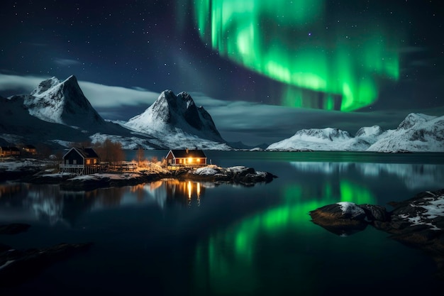 Illustrazione generativa AI del paesaggio notturno con case e aurore boreale sulla riva di un lago nelle Lofoten in Finlandia