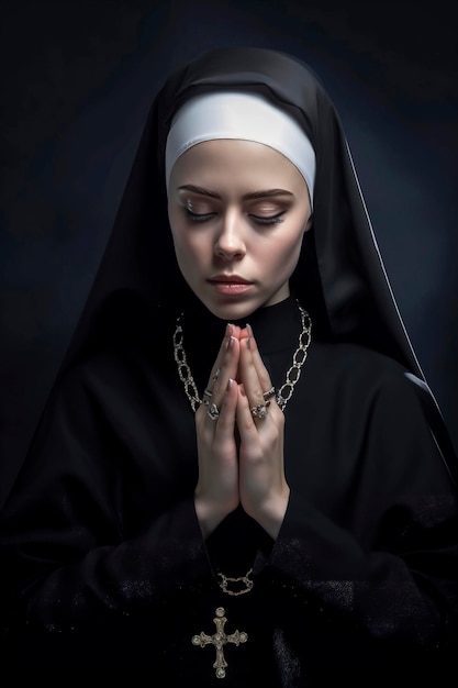 Illustrazione generativa AI del ritratto di una giovane suora di religione cattolica in atteggiamento di pace e preghiera
