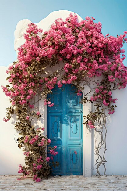 Illustrazione generativa AI della porta blu di una casa rustica con bougainvillea all'ingresso della casa del villaggio