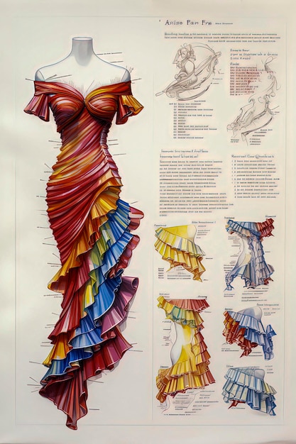 Illustrazione generativa AI della scheda tecnica del tipico abito flamenco andaluso Design della moda flamenco