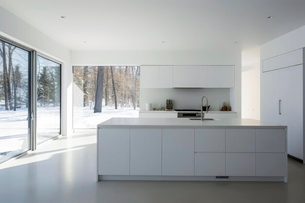 Illustrazione generativa AI di una grande cucina con decorazione minimalista in colore bianco con vista sul paesaggio innevato