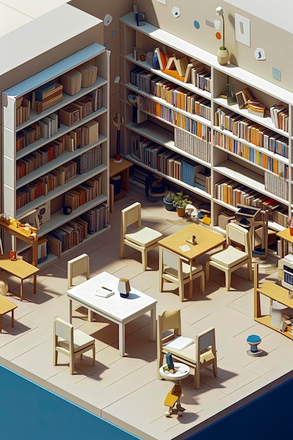 Illustrazione generativa con intelligenza artificiale di un'affascinante libreria con estetica Showa con sedie, tavoli e piante utilizzando un modello 3D isometrico Concetto scolastico Arte digitale