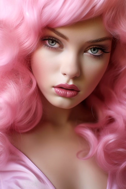 Illustrazione generativa del ritratto AI di una bellissima Barbie bionda vestita di rosa