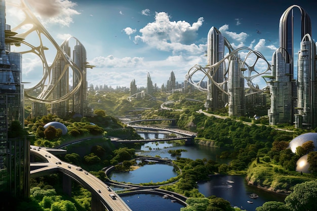 Illustrazione generativa dell'IA del rendering di una città della città del futuro è sostenibile ed efficiente
