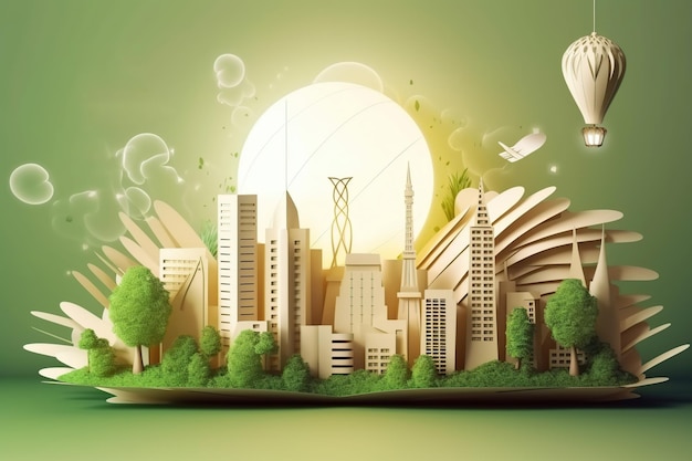 Illustrazione generativa dell'IA della lampadina con eco-città verde