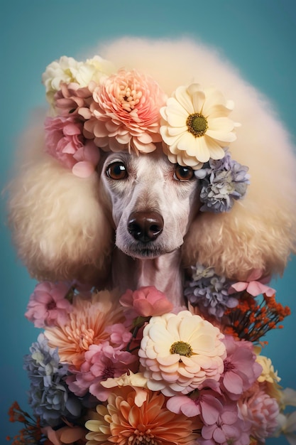 Illustrazione generativa dell'IA di Ritratto di un cagnolino bianco divertente circondato da fiori colorati Concetto di animali domestici