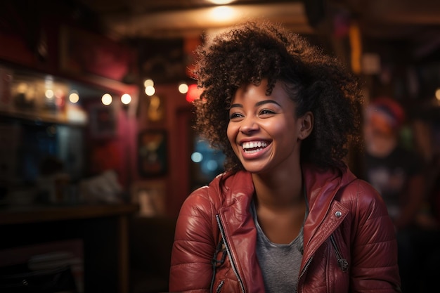 Illustrazione generativa dell'IA di una allegra donna afroamericana con i capelli afro che indossa una giacca calda sp