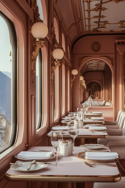 Illustrazione generativa dell'IA di una lussuosa carrozza ristorante del treno