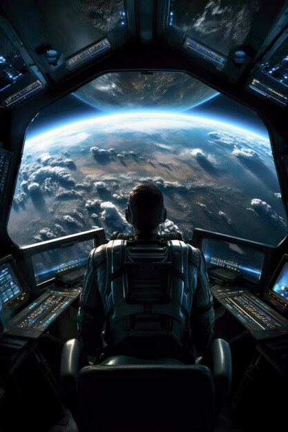 Illustrazione generativa dell'intelligenza artificiale dell'astronauta a bordo di un'astronave che guarda fuori dalla finestra la ricerca spaziale sul pianeta Terra