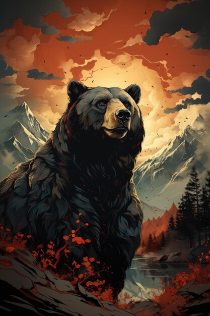 Illustrazione generativa dell'orso e della montagna