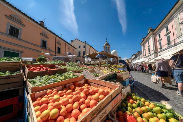 Illustrazione generativa di AI del mercato italiano di frutta sana e biologica in una giornata di sole nella piazza della città