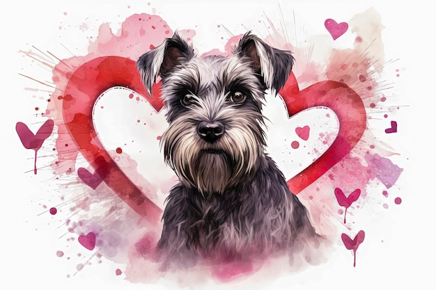 Illustrazione generativa di AI della carta del cane schnauzer con cuori e fiori sullo sfondo per il concetto di Valentine's DayLove