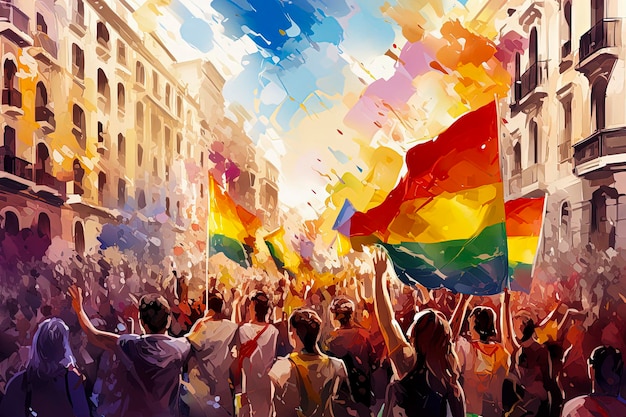 Illustrazione generativa di AI della celebrazione di strada dell'orgoglio gay e lesbico con bandiera dell'arcobaleno in stile illustrativoLGBTArte digitale