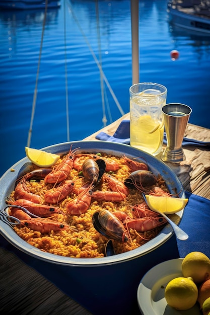 Illustrazione generativa di AI di riso paella con frutti di mare sul tavolo di un bar sulla spiaggia con vista sul mare Cibo tipico spagnolo