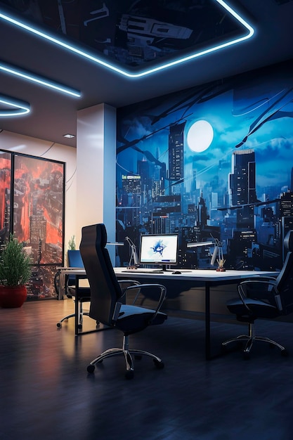 Illustrazione generativa di AI di uffici e spazi di lavoro moderni con murales artistici sulle pareti