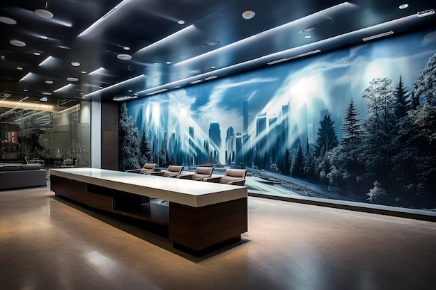 Illustrazione generativa di AI di uffici e spazi di lavoro moderni con murales artistici sulle pareti