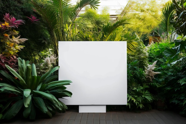 Illustrazione generativa di AI di un modello di pannello esterno bianco vuoto su un edificio su una terrazza circondata da piante e fiori concetto pubblicitario