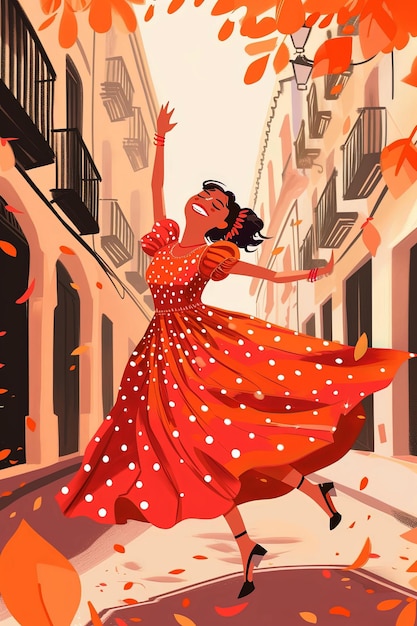 Illustrazione generativa di AI di una felice ballerina di flamenco alla fiera di Siviglia