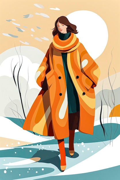 Illustrazione generativa di AI di una modella femminile che indossa abiti invernali di moda in stile di illustrazione vettoriale minimaleConcepto di moda arte digitale