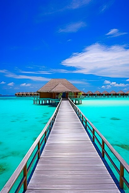 Illustrazione generativa di IA del paesaggio di cabine di lusso sul mare nelle isole Maldive turismo di lusso