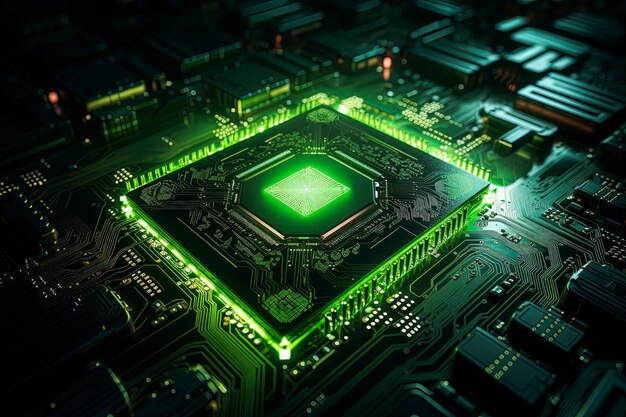 Illustrazione generativa di IA di Close Up della scheda CPU del circuito con componenti elettronici che simboleggiano la tecnologia e la connettività in colori brillanti Concetto tecnologico