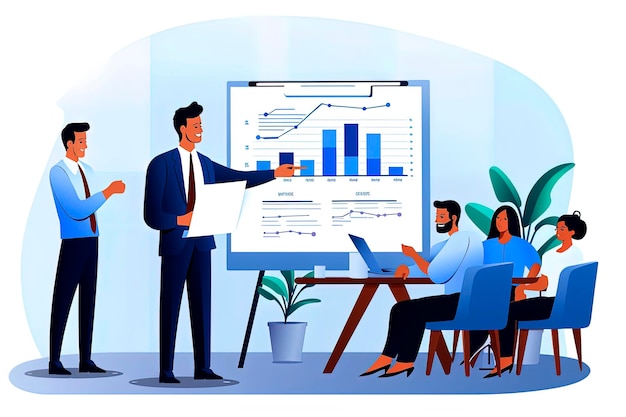 Illustrazione generativa di IA di lavoratori riuniti insieme circondati da grafici alla ricerca di strategie commerciali Stile di illustrazione vettoriale Arte digitale