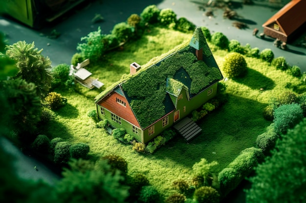 Illustrazione generativa di IA di una casa ecologica in un ambiente verde circondato da foreste Costruzione sostenibile