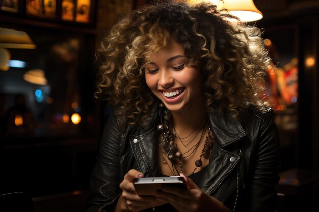 Illustrazione generativa di IA di una giovane donna allegra con i capelli ricci in giacca di pelle che manda messaggi su m